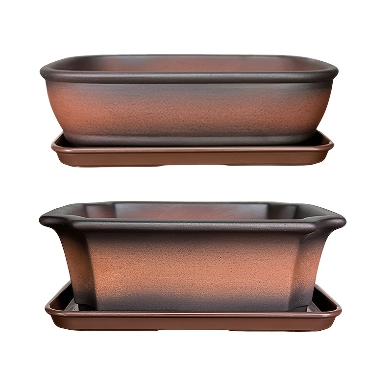 New Hot-Selling Rectangular Retro Style Two-Piece Purple Clay Unglazed Flower Pot Yixing with Tray Seedling Cultivation Pot Chinese Bonsai Pot with Drainage Holes, Suitable for Indoor And Outdoor Decoration, Floor Placement gardening gift home decor
