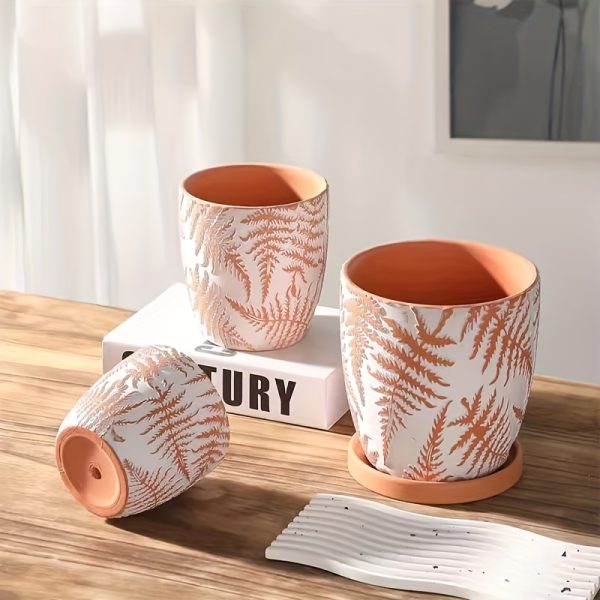 Easy And Creative Nordic Breathable Terracotta Flower Pot with a Relief of Fern Leaves, Suitable for Home Use in The Living Room for Orchids. Gardening Gift Home Decor