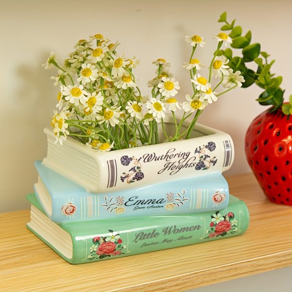 1pc Creative Three-layer Ceramic Book Vase, Retro Book-shaped Vase, Unique Home Decoration Ceramic Flower Pot, Suitable for Living Room, Shelf, Mantel, Dining Table Decoration