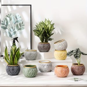 1pc 6.3inch Ceramic Flower Pot Nordic New Style Flower Pot Relief Shaped Desktop Green Plant Pot Vase 3D Brushed Texture Indoor Outdoor Universal Gardening Gift Home Decor