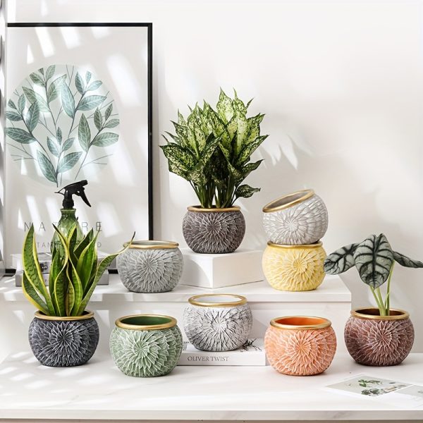 1pc 6.3inch Ceramic Flower Pot Nordic New Style Flower Pot Relief Shaped Desktop Green Plant Pot Vase 3D Brushed Texture Indoor Outdoor Universal Gardening Gift Home Decor