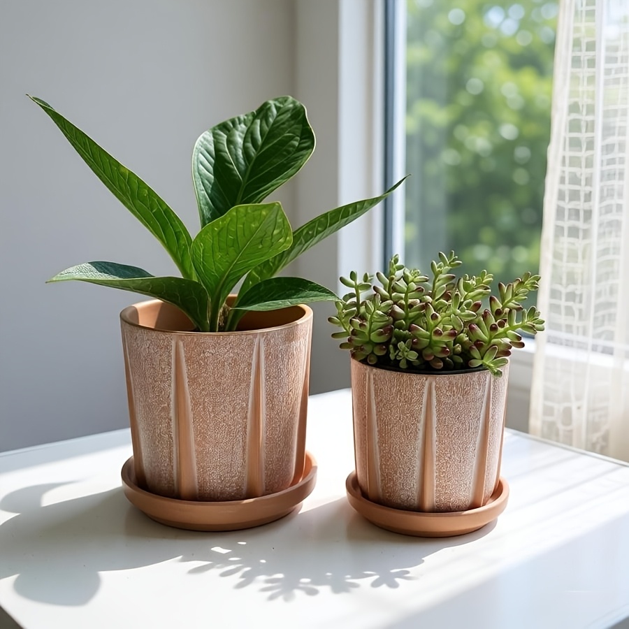 2pcsu002F1pc Red Terracotta Flower Pot with Tray Set, Breathable Vintage Embossed Distressed Terracotta Planter, Garden Balcony Green Plant Pot, Simple and  Red Clay Flower Pot, Living Room Courtyard Rustic Terracotta Pot Gardening Gift,home Decor
