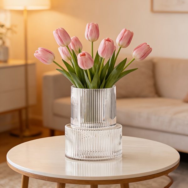 Modern Transparent Glass Vase with Striped Round Base & Body - Hydroponic Flower Pot Suitable for Roses, Tulips, Lilies, Contemporary Glass Centerpiece for Dining Table Centerpiece, Decor Vase for Cut Flowers