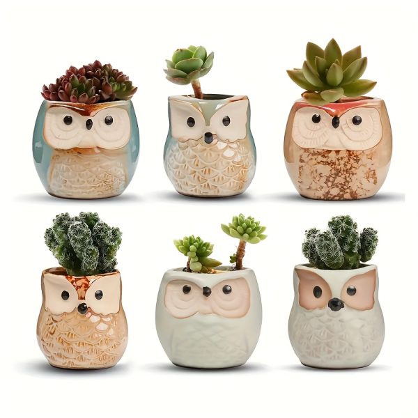 Creative Cartoon Kiln Transformation 6pcs Set Owl Ceramic Succulent Plant Pots with Drainage Holes, Adorable Small Planters with Plant Stands, Ideal for Home, Office, Garden Decoration, Owl Gift,  Crafts Gardening Gift,home Decor