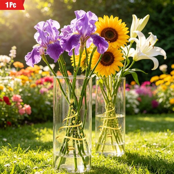 Clear Glass Vase with Starry Holiday Tree Design - Round Cylindrical Suitable for u002FOutdoor Tabletop Centerpiece, Modern Contemporary Glass Flower Pot for Christmas Decor, Housewarming Gift, Winter Table Centerpiece for Women, Glass Gardening
