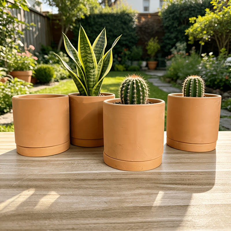 4pcs Pack of 4 Terracotta Clay Pots Suitable for u002FOutdoor Use, Cylindrical Succulent with Drainage Holes & Saucers, Clay Flower Plant Pot for Cacti, Herbs, Small Houseplants, Tabletop Decor (No Assembly Required) Gardening Gift,home Decor