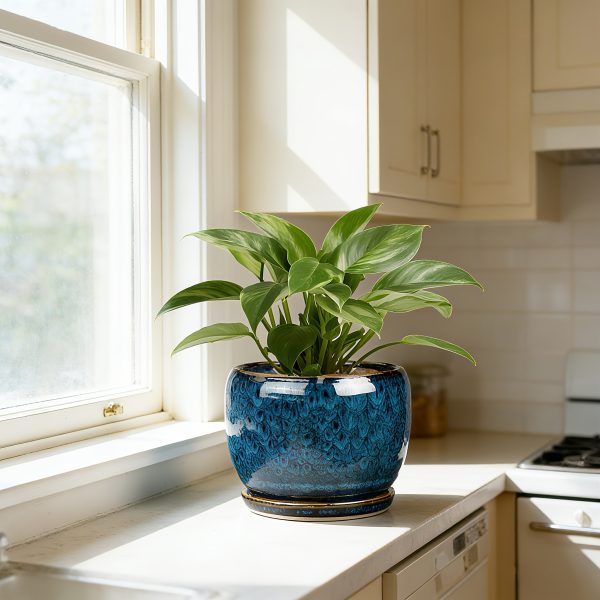 8 Inch Retro Modern Ceramic Planter Suitable for Living Room, Balcony, Office Decor - Blue Reactive Glaze Pot with Saucer & Drainage Net, u002FOutdoor Round Flower Pot for Snake Plant, Pothos,, Bonsai, Polished Drainage Hole Gardening Gift,home Decor