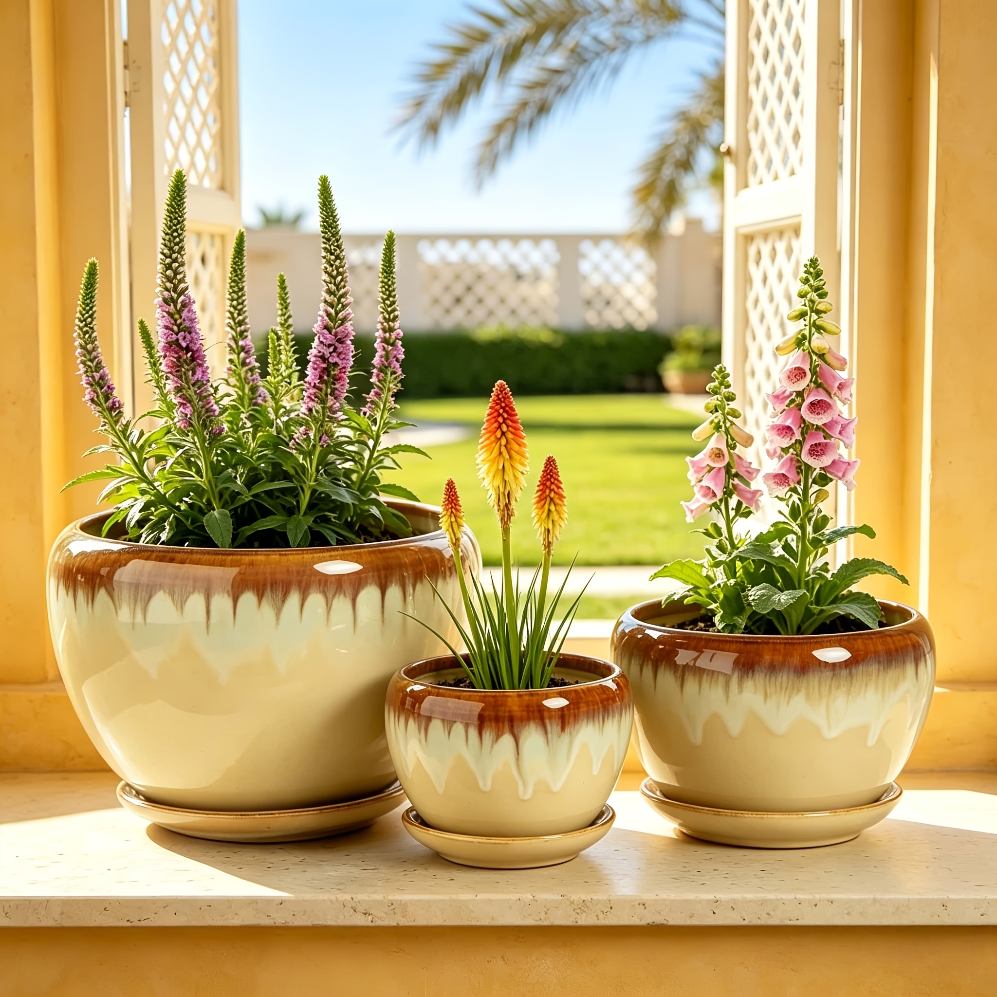 3pcs Milk Yellow & Brown Ceramic Flower Pots Suitable for Indooru002FOutdoor Use with Matching Trays, Drainage Holes & Kiln Transmutation Glaze Edges – Cone-Shaped Planters for Succulents, Herbs, Cacti, Home Decor for Christmas Gifts, Tabletop Or